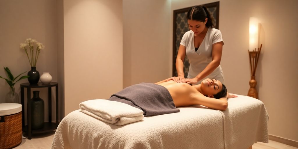 Serene spa setting with a person receiving a full body massage.