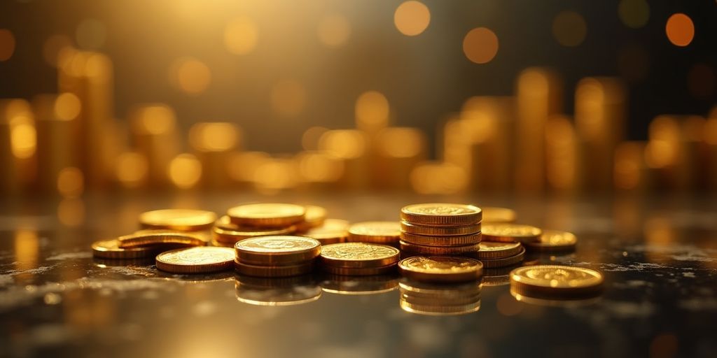 Pièces d'or brillantes sur une surface réfléchissante.