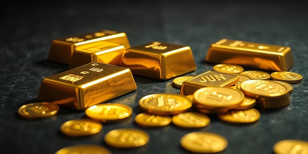 Lingots et pièces d'or brillant sur fond sombre