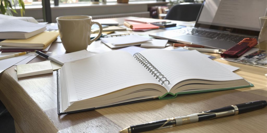 A desk with an open notebook and a laptop.