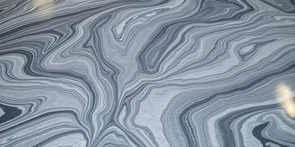 Swirling metallic epoxy floor, gray and silver.