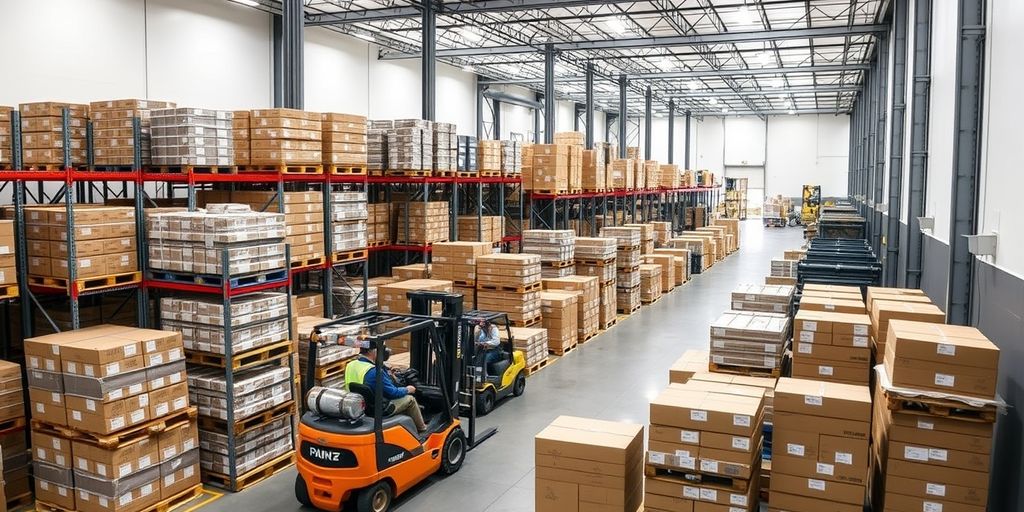 Modern warehouse with pallets and forklifts in motion.