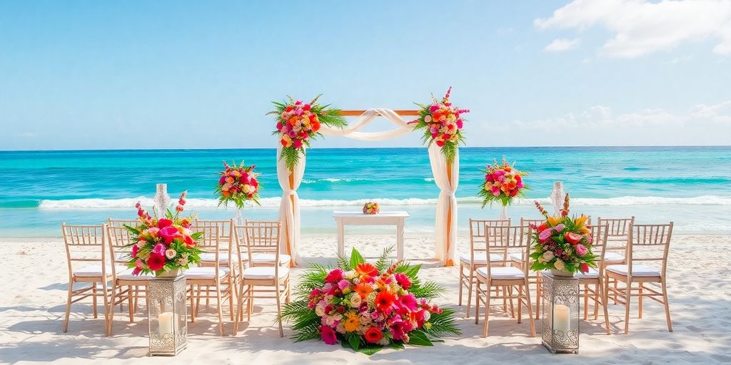 Beach wedding ceremony with floral arch and ocean backdrop.