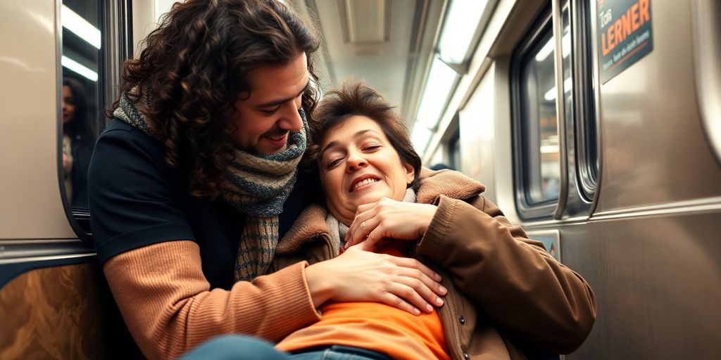 A kind person assisting an injured subway passenger.