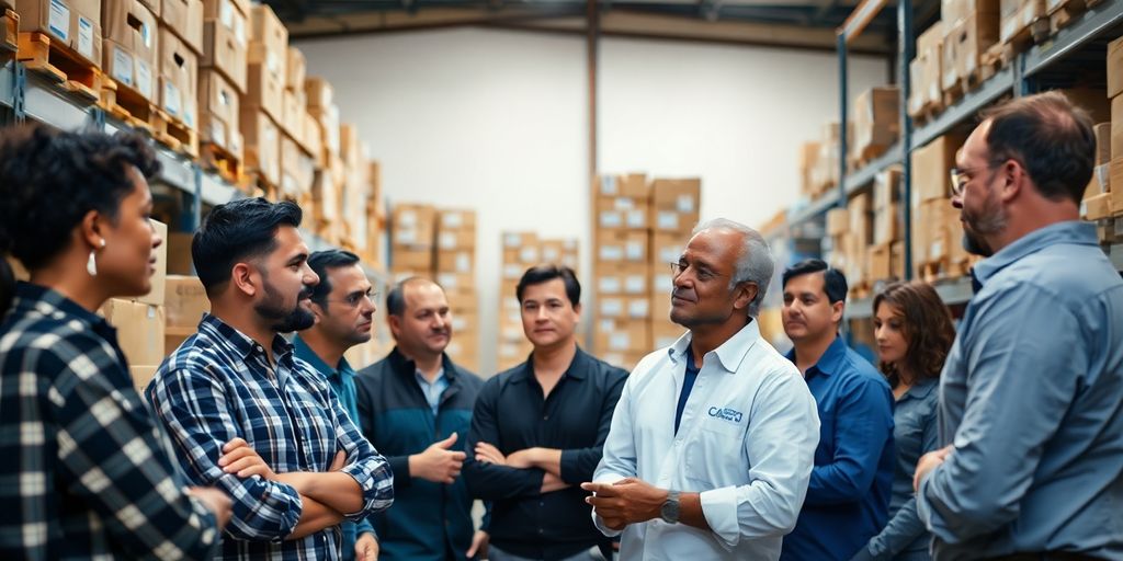 Manager reviews inventory with warehouse staff.