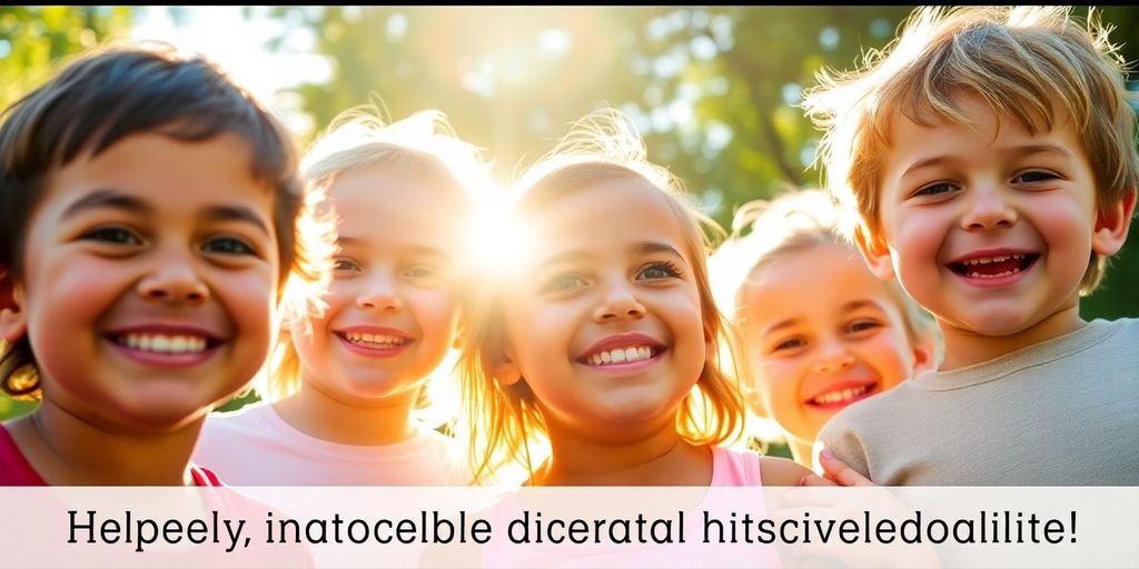 Children smiling in bright sunshine outdoors.
