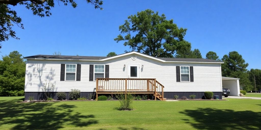 Mobile home in a green landscape in North Carolina.