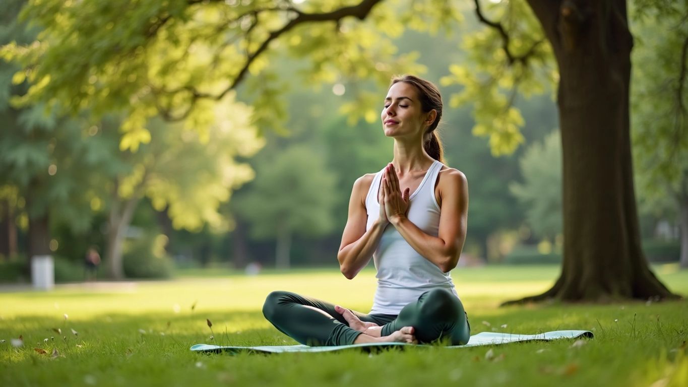 Woman practicing deep breathing in a peaceful park