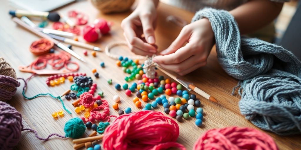 Crafting supplies and hands at work.