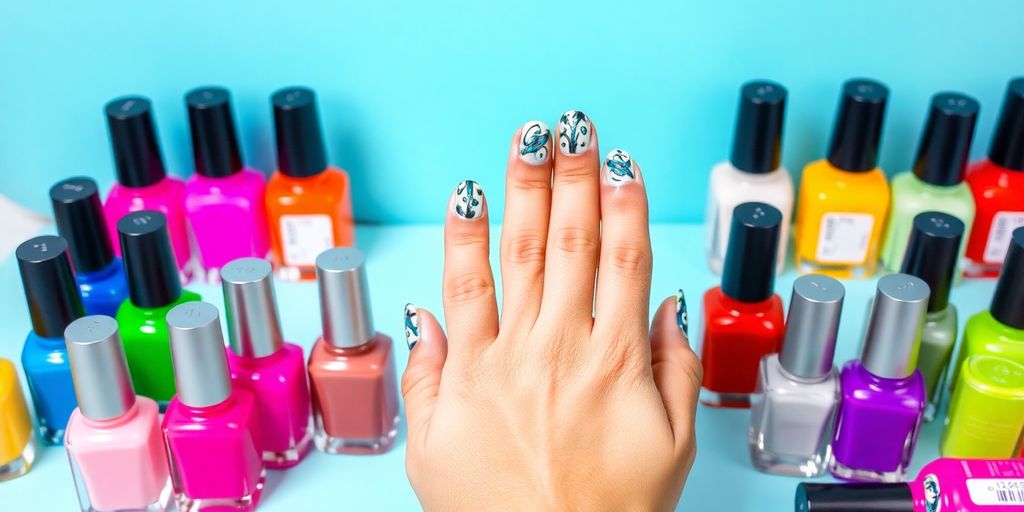 Mãos com unhas artisticamente decoradas e esmaltes variados.