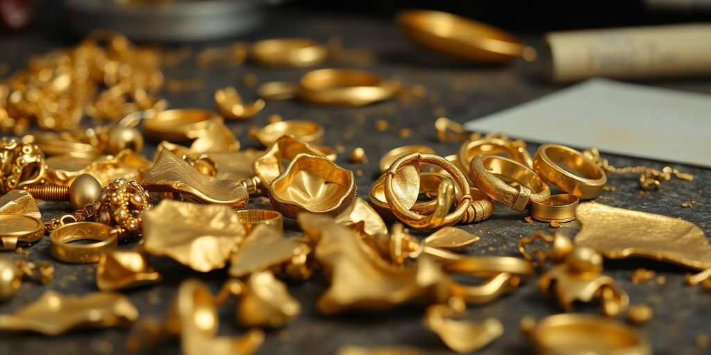 Bijoux en or abîmés sur un plan de travail.