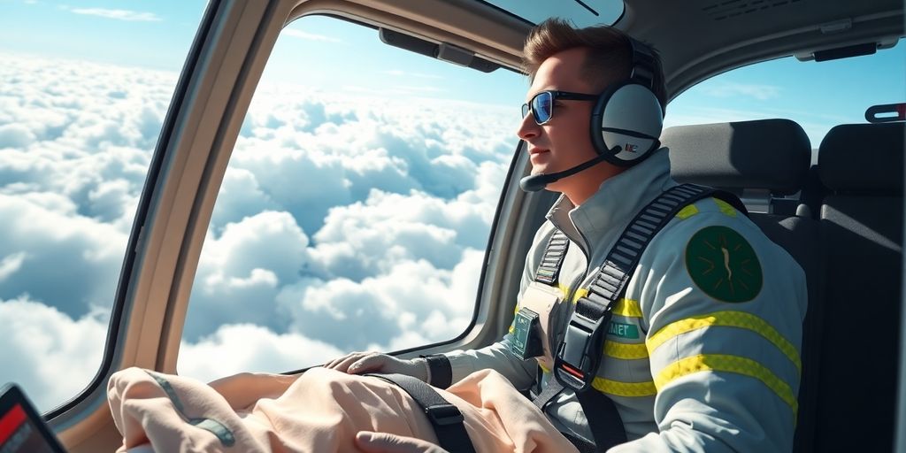 Emergency medical technician in flight.