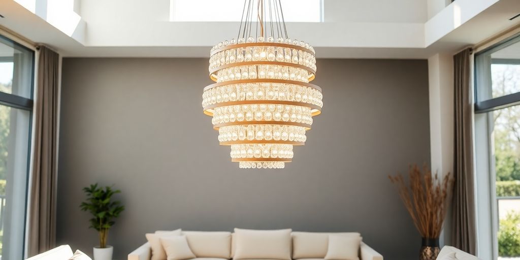 Modern chandelier illuminates a living room.