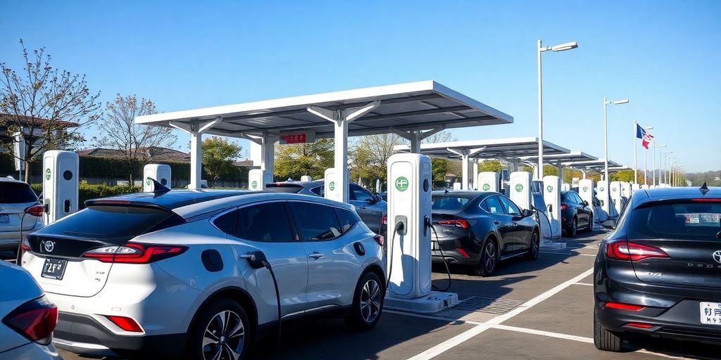 Electric vehicles charging at a modern station in China.