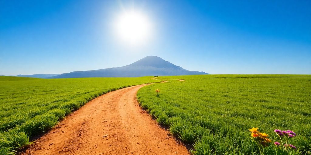 Golden path to mountain peak.