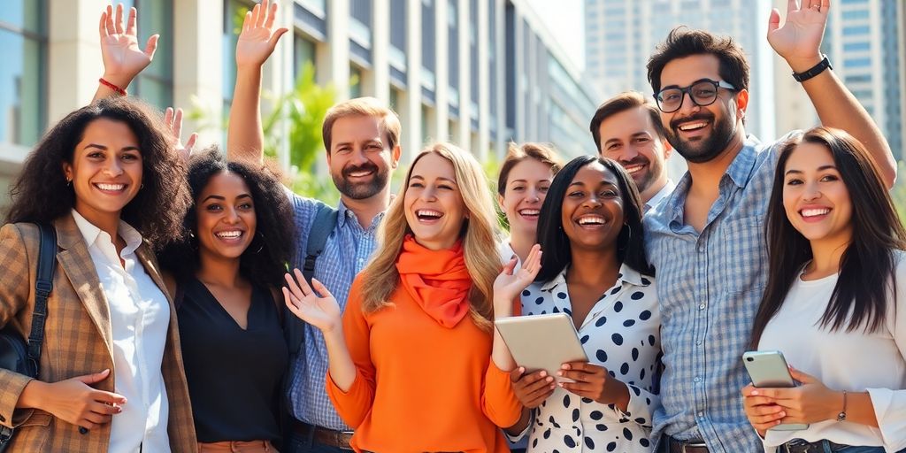 Diverse individuals celebrating financial success in an urban setting.