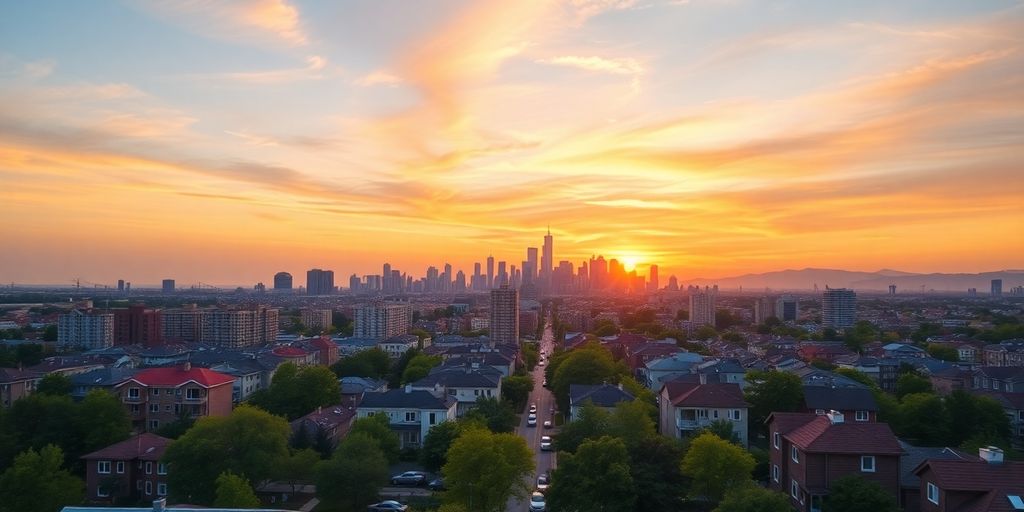 City skyline with affordable housing and parks at sunset.