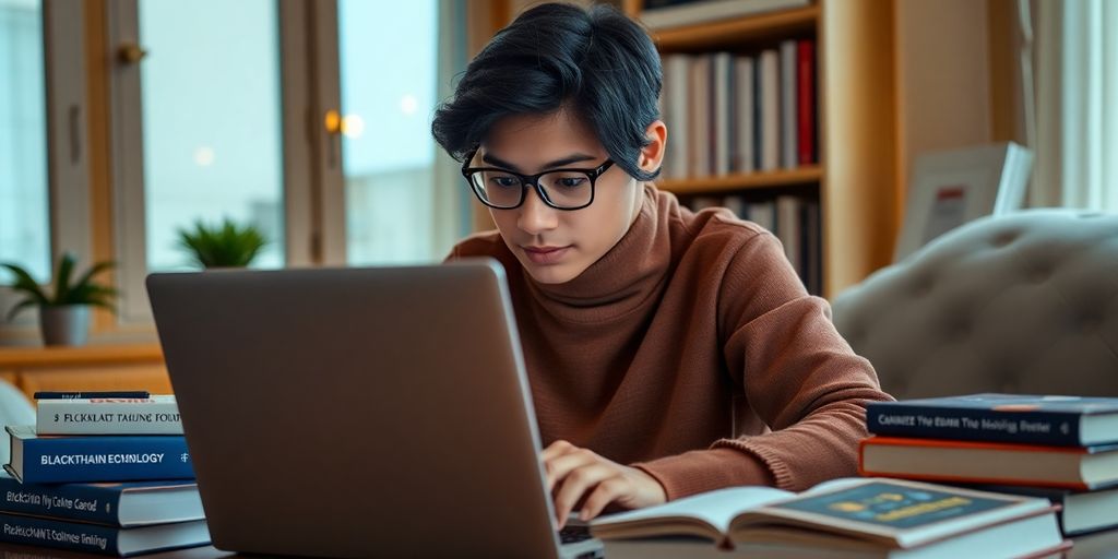 Student studying blockchain with a laptop and books.