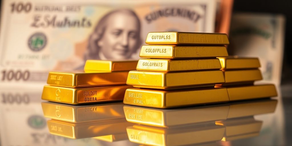 Des barres d'or sur un fond de billets.
