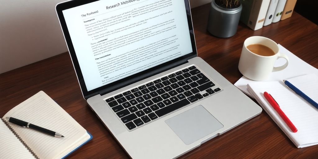 Academic workspace with a laptop and notebooks for research.