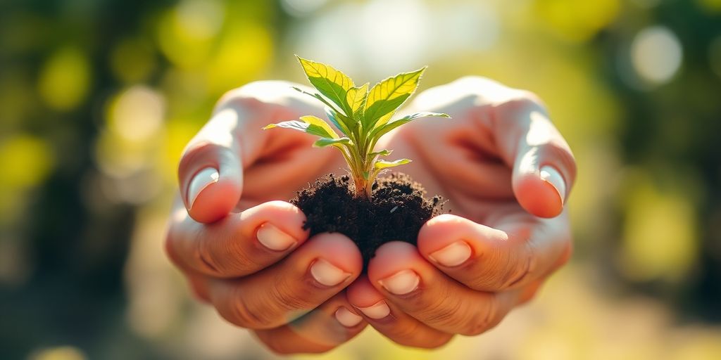 Person holding a small plant in dirt.