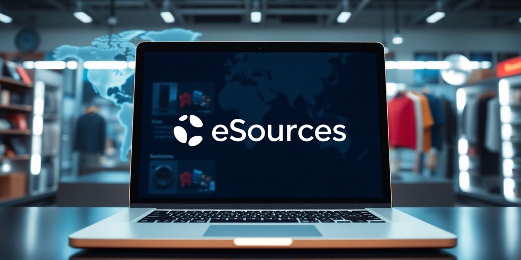Laptop, diverse products, eSources logo, global map background.