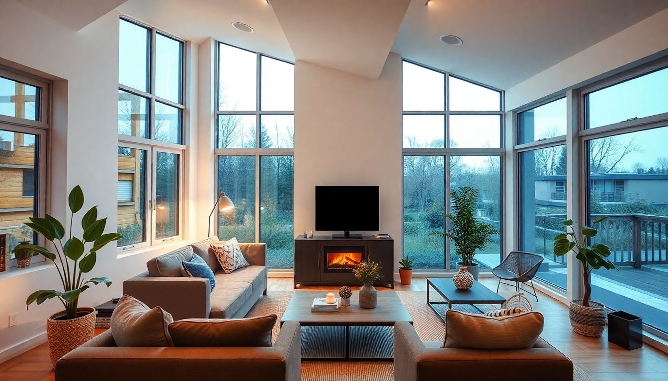 Modern living room with energy-efficient features and eco-friendly decor.