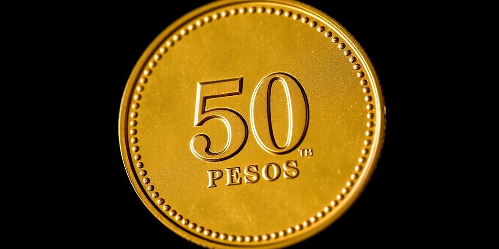 Pièce de 50 pesos en or sur fond sombre.