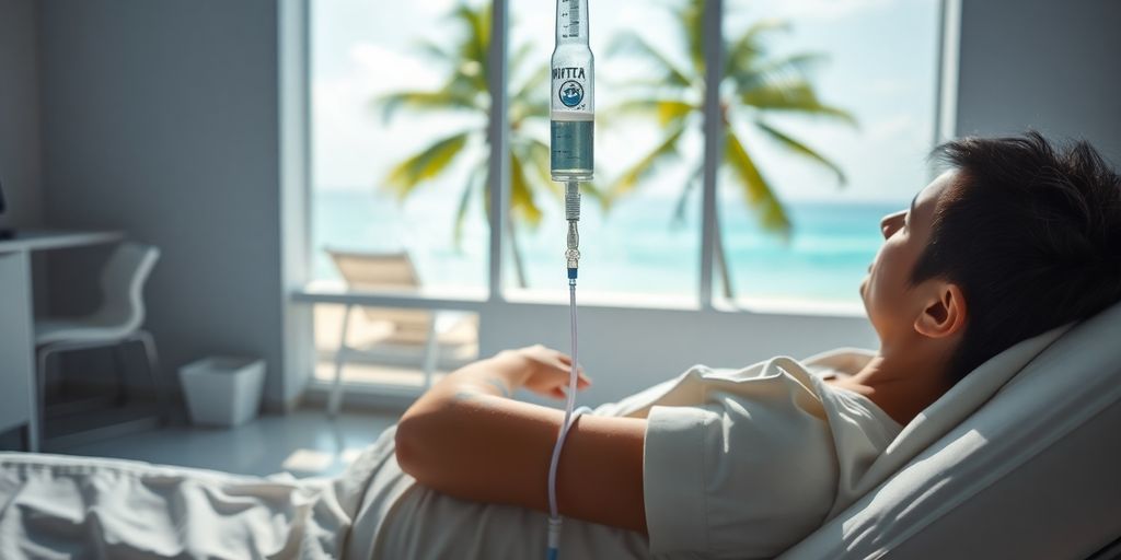 Person relaxing with IV drip, Phuket beach.
