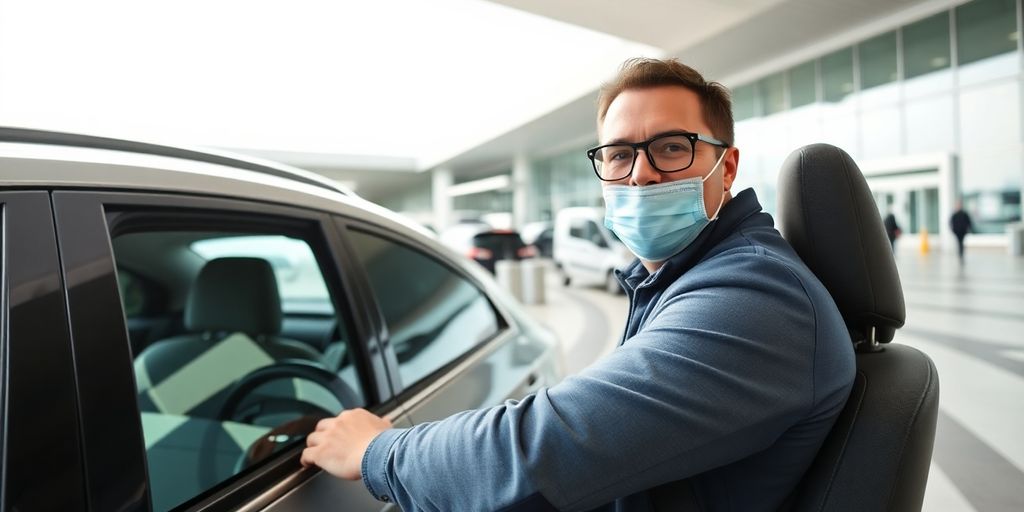 Driver greeting passengers outside an airport terminal.