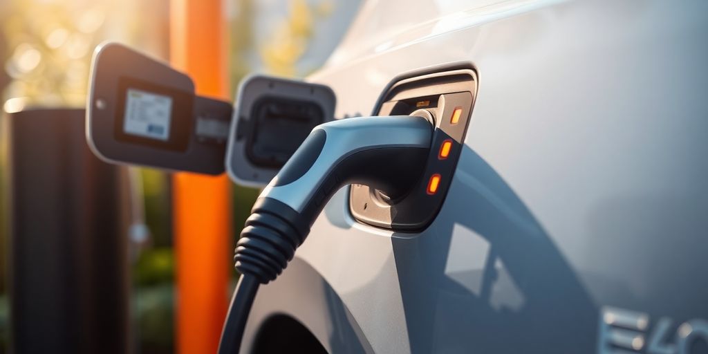 Electric car charging at a station.
