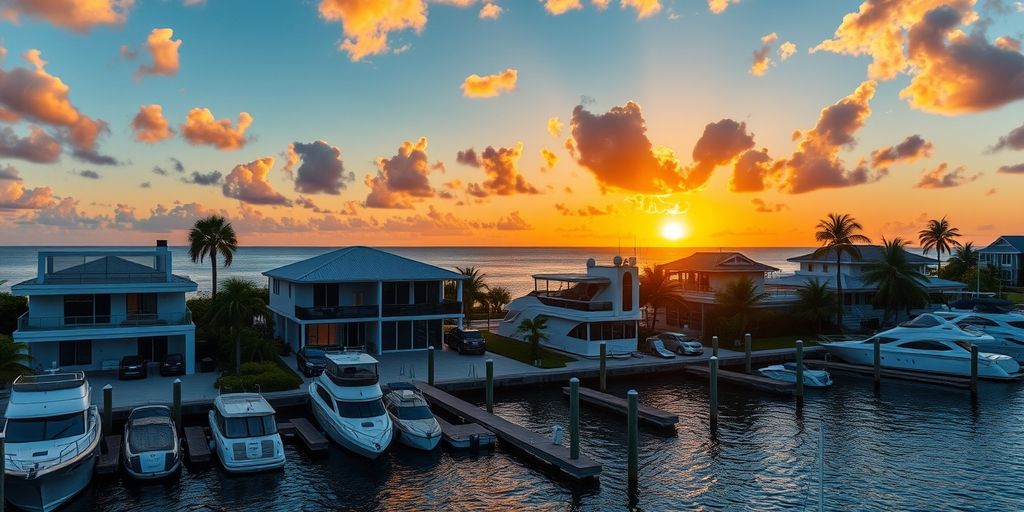 Miami Beach waterfront homes at sunset
