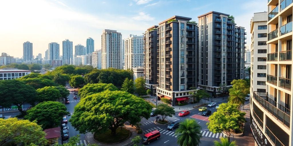 Modern serviced apartments in vibrant Jakarta cityscape.