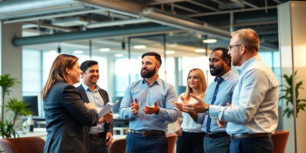 Finance professionals collaborating in a modern office setting.