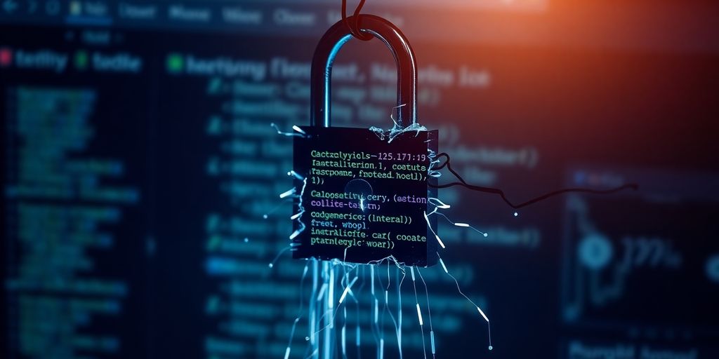 Digital lock with malware code overlaying a website.