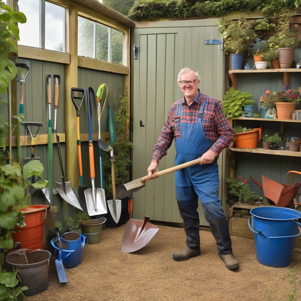 British gardener with essential garden tools and a garden shovel in a well-equipped shed