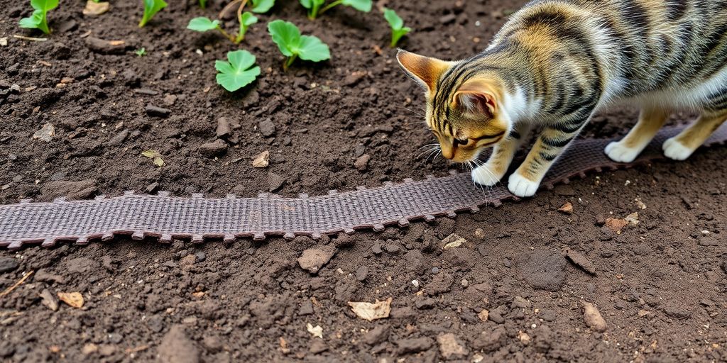 Cats avoiding prickly mats on garden soil.