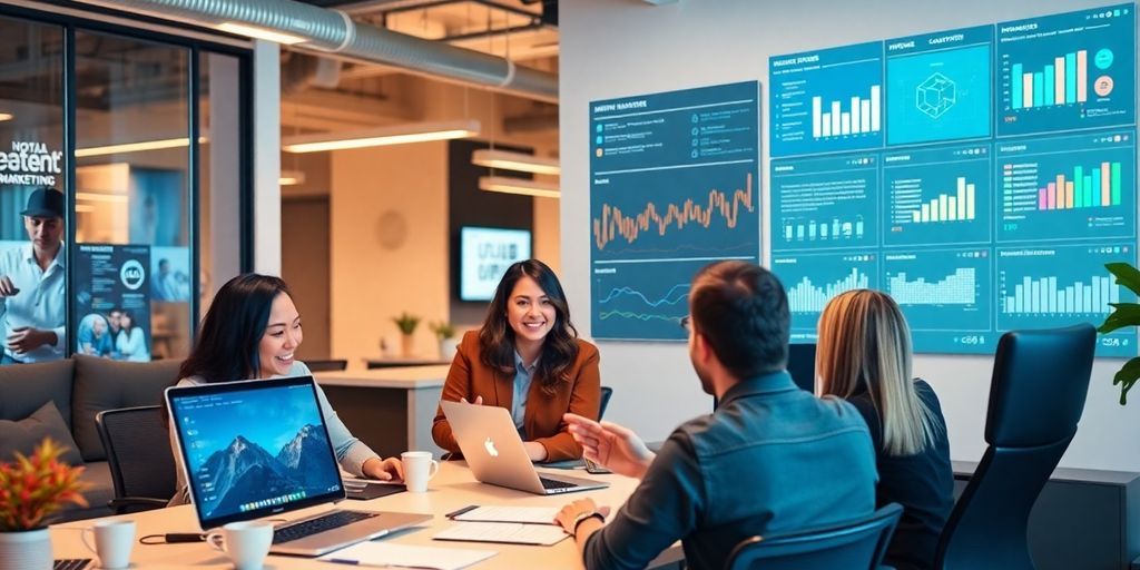 Profissionais de marketing digital em ambiente de escritório moderno.