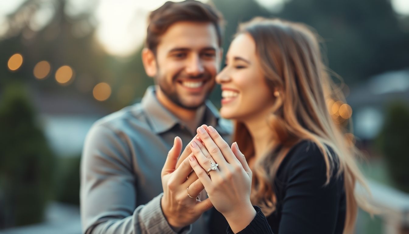 Happy engaged couple celebrating their love outdoors.