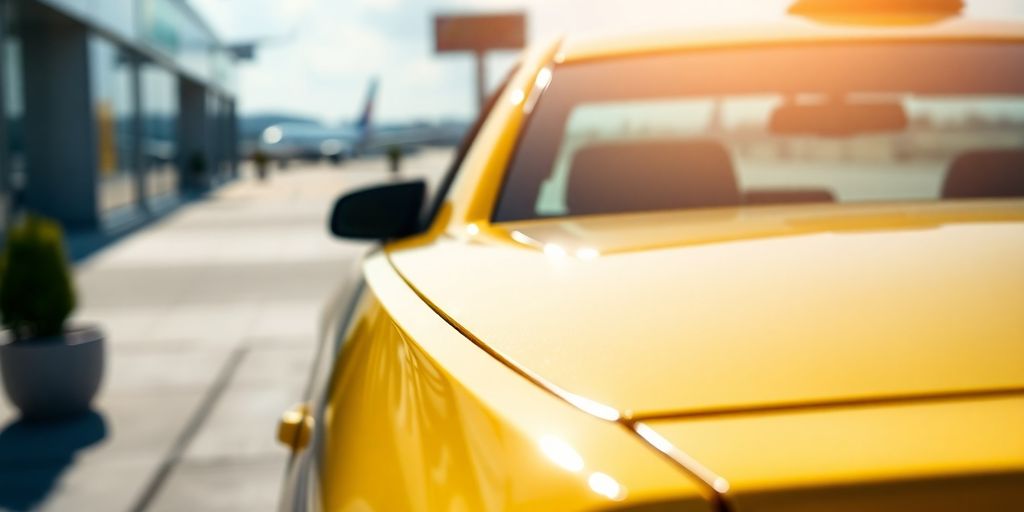 Comfortable taxi awaiting passengers at airport.