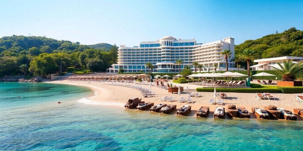 Luxuriöses Hotel mit Strand und klarem Wasser.