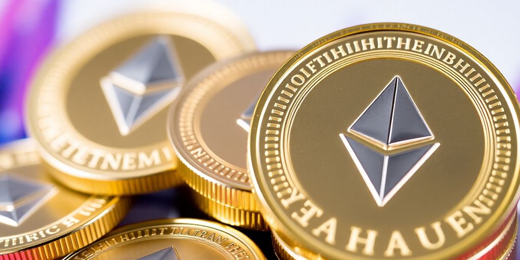 Monete Ethereum impilate su sfondo sfocato.