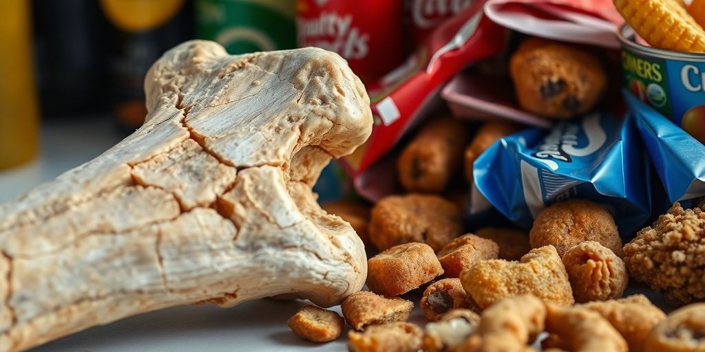 Cracked bone and unhealthy food.