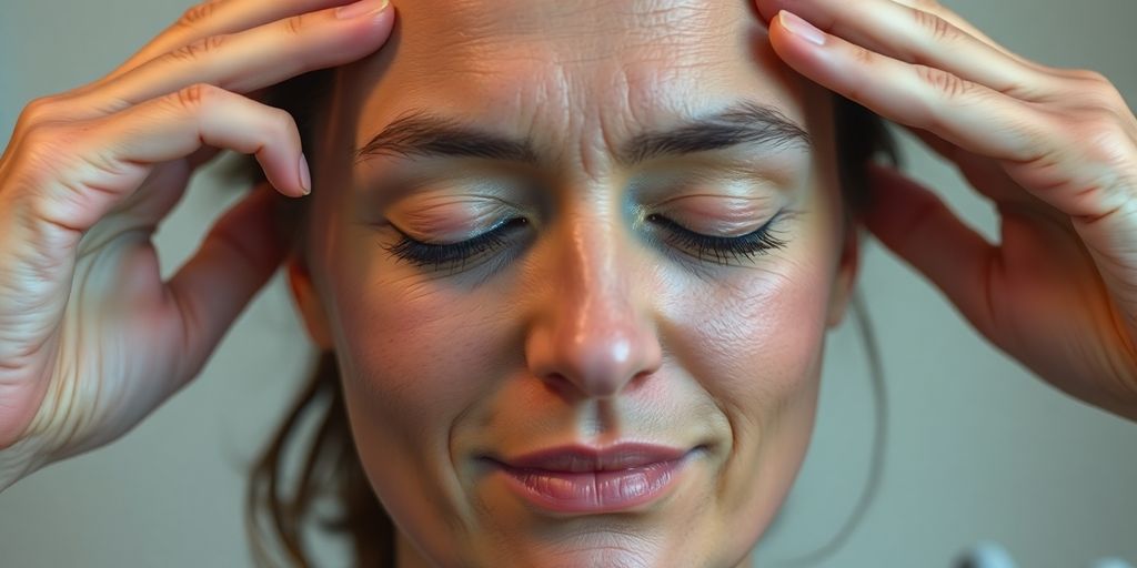 Person relaxing with eyes closed, hands on temples.