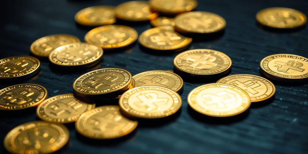Pièces d'or brillantes sur une surface en bois sombre.