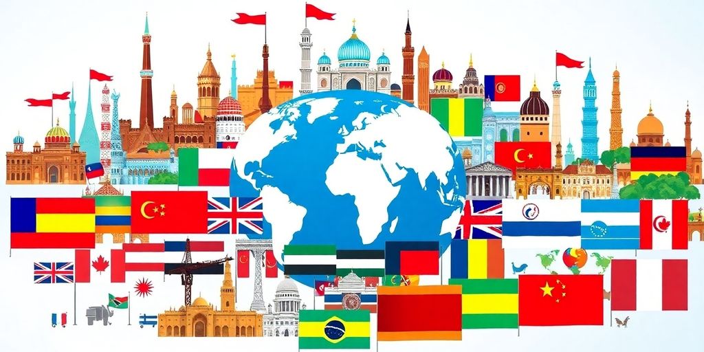 Collage of cultural landmarks and flags representing global communication.