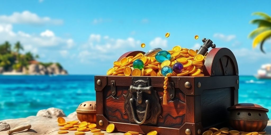 Coffre au trésor rempli de pièces d'or et bijoux.