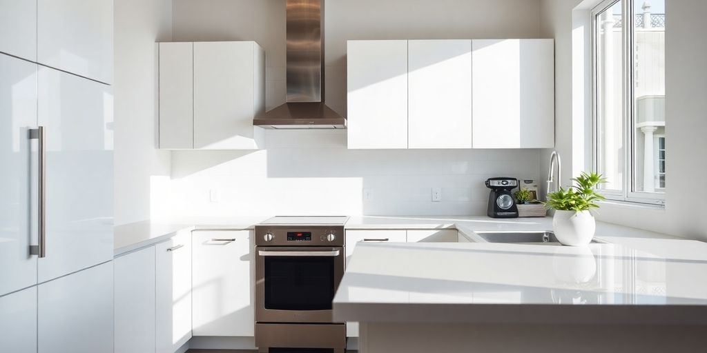 Modern kitchen with white cabinets and new appliances.