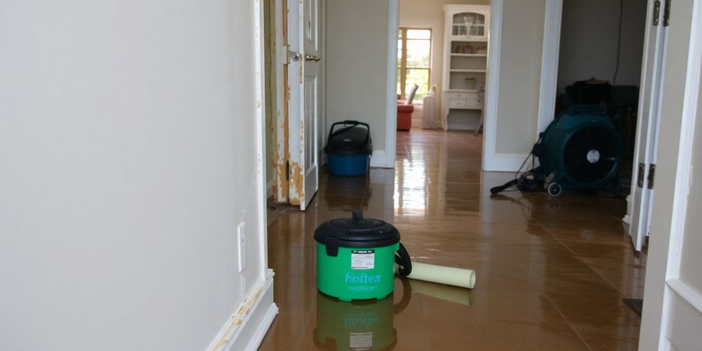 Water-damaged home interior with tools for restoration.