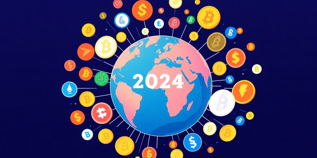 Illustrative globe with digital currencies around it.